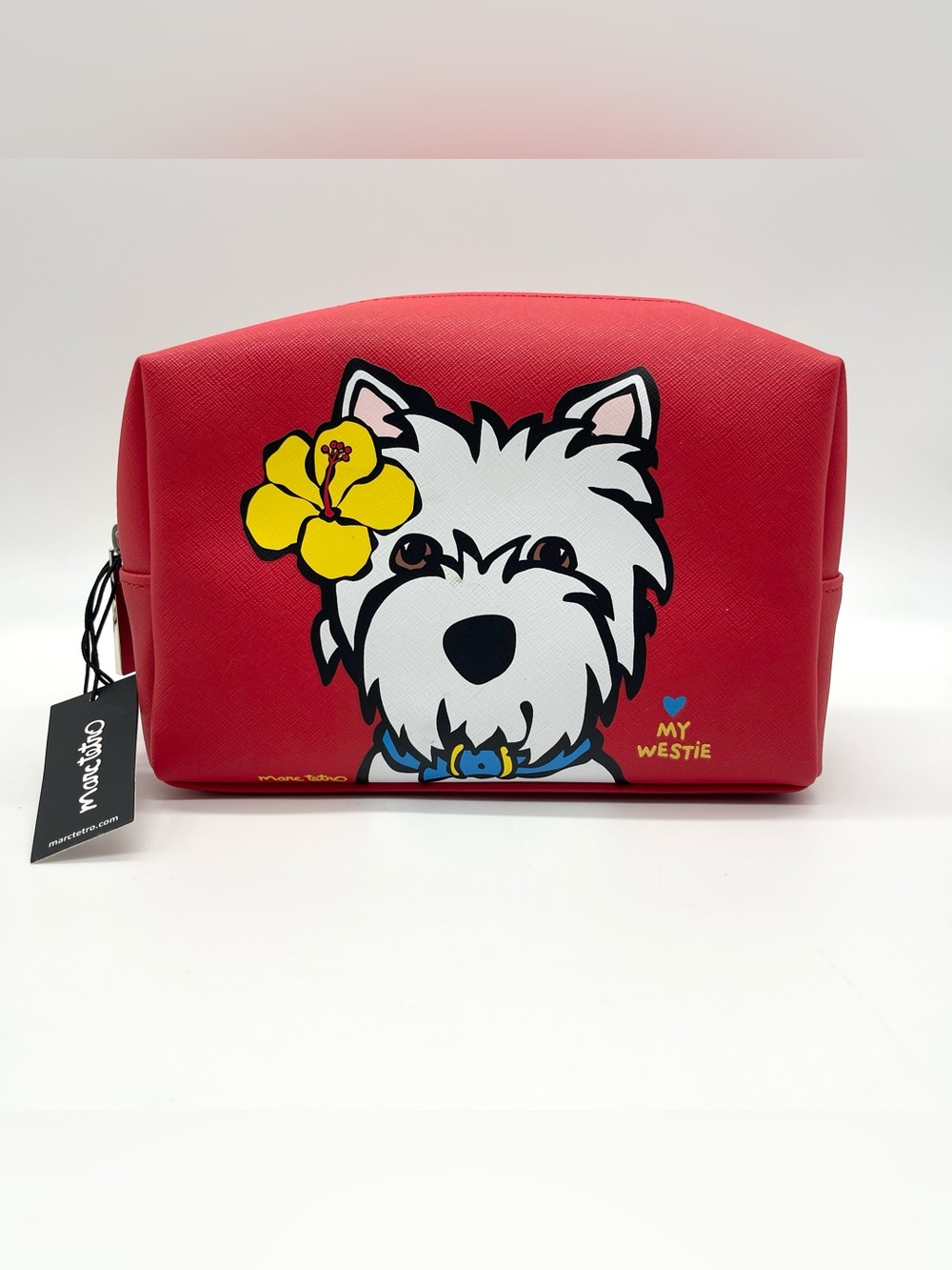 Marc Tetro Westie Hawaii Cosmetic Bag NWT Red Saffiano Vegan Leather Makeup Case
